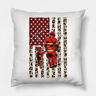 Firefighter with child leopard design flag Pillow