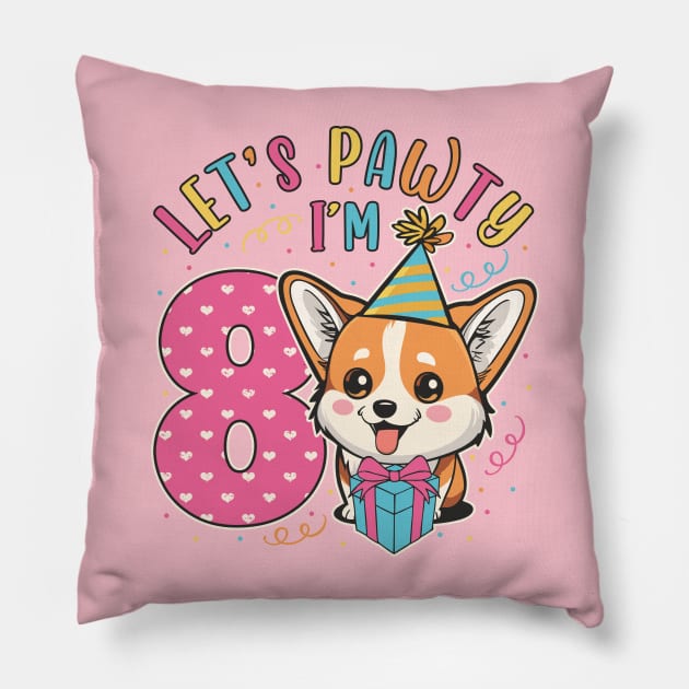 8th Birthday Cute Corgi Let´s Pawty Girls Pillow by FloraLi