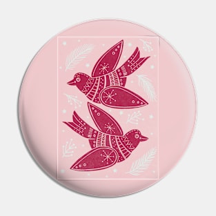 Pink Christmas Turtle Doves with holly and foliage Linoprint repeat pattern Pin