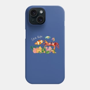 seabed with red crab, algae and fish Phone Case