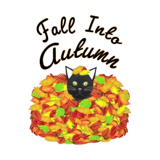 Fall Into Autumn. Kitty Cat in a Pile of Colorful Leaves. (White Background) T-Shirt