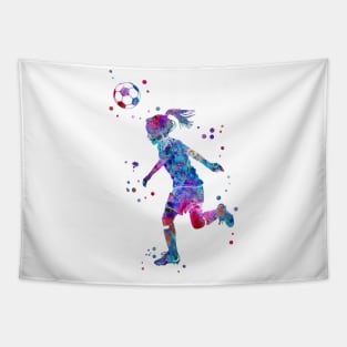 Soccer Player Little Girl Heading the Ball Tapestry