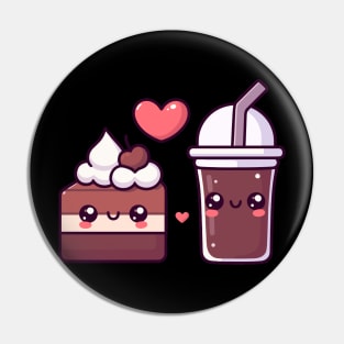 Chocolate Cake and Dark Chocolate Milkshake with a Heart | Kawaii Food Couple Art Pin