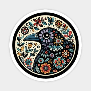 Whimsical folk art, loves crows, loves birds, crows, raven, a guardian of nature, sits among flowers, evoking a sense of protection. Magnet