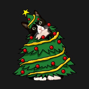 Tuxedo Cat Christmas Tree Funny Xmas Cat Lover T-Shirt