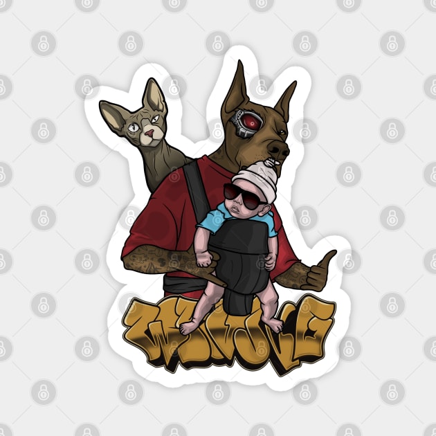 Crazy Cyborg Dog with Cool Kid & Cat Magnet by Wrongteeshirt