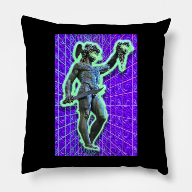 Vaporwave Perseus and Medusa Pillow by JonathanKubiak