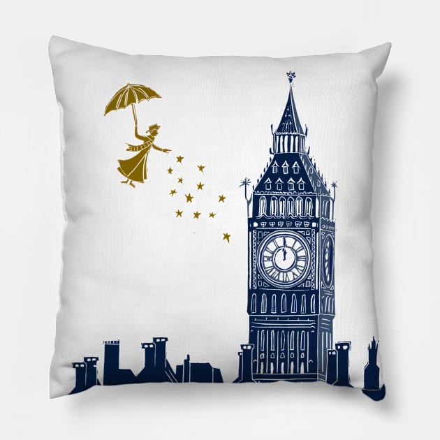 Mary Poppins and Big Ben Linocut Pillow by Maddybennettart