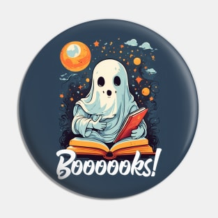 Funny Halloween Cute Ghost Reading a Book Moon Stars Sky Pin