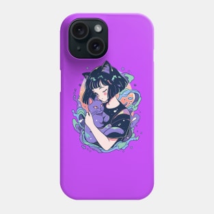 ‘80 anime style cat eared girl and a cat Phone Case