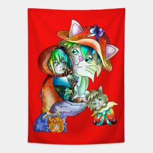 Adorable wood elf archer with magical cats Tapestry