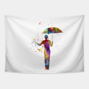 woman holding umbrella gesture silhouette in watercolor Tapestry