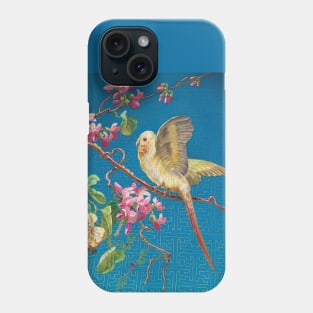 SMALL PARROT ON THE LILAC FLOWER TREE Japanese Style Floral in Blue Phone Case