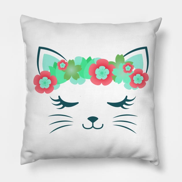 Kawaii cat, kitty kat, flower crown, cute cat, cat party, cat gift, pretty kitty, cat lover, cat collection, cat face Pillow by theglaze