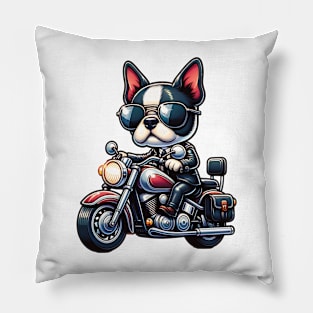 Boston Terrier Riding A Motorcycle Pillow