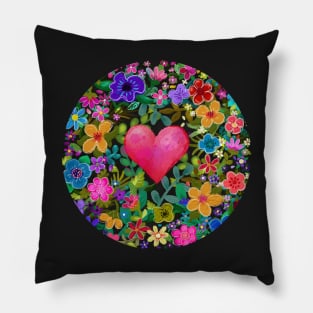 Oil Painted Flowers and Heart Mandala Pillow