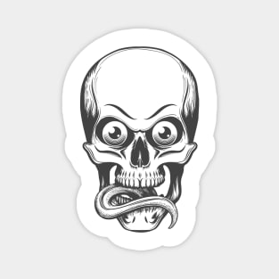 Human skull with eyes and tongue sticking out drawn in tattoo style. Vector illustration. Magnet