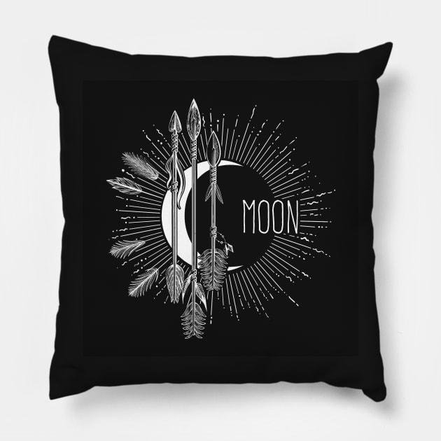 Crescent moon with arrows drawn in boho style. Mystical moon emblem isolated on black. Pillow by devaleta