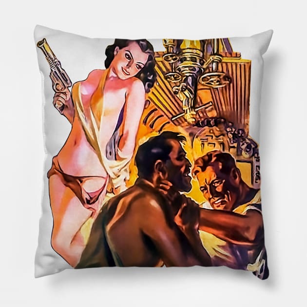 Sexy Girl Mystery Adventure Men Fighting Machinery Retro Vintage Comic Pillow by REVISTANGO