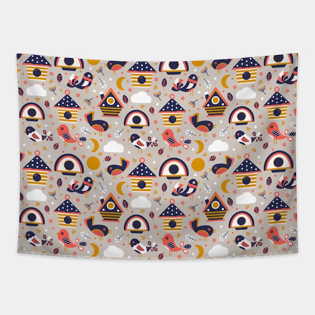 Geometric Birds and Birdhouses Pattern Tapestry by Simplulina