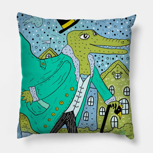 Cute green crocodile character in black top hat and tie Pillow by Douwannart