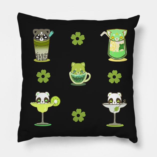 cat racoon boba tea Set Kawaii Drinks Stickers green drinks Pillow by astronauticarte