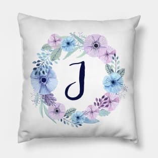 Floral Monogram J Icy Winter Blossoms Pillow