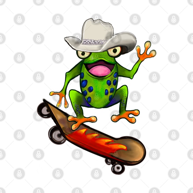 Frog - Kawaii Froggy Skateboarding Cute Frog Texas cowboy hat Funny toad toads amphibian tadpole Green Red eyed tree frogs rain forest Lizard dragon zoology gift frog by Artonmytee