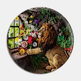 watercolor lion with garden and mixed flowers Pin