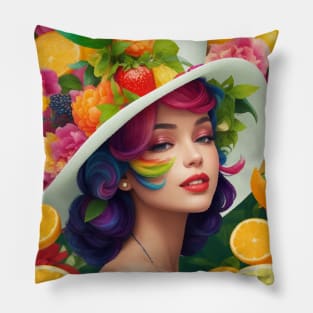 А woman with a white hat and some colorful fruity Pillow