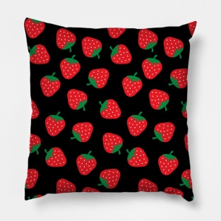 Cute Strawberry Pattern on Black Background Pillow