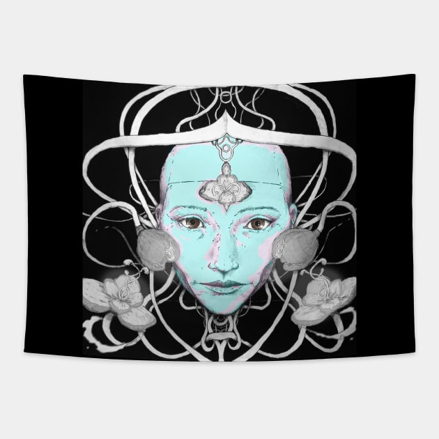 Wise cyber robot girl with blue skin entwined with mystical flowers and wires Tapestry by Takeshi Kolotov