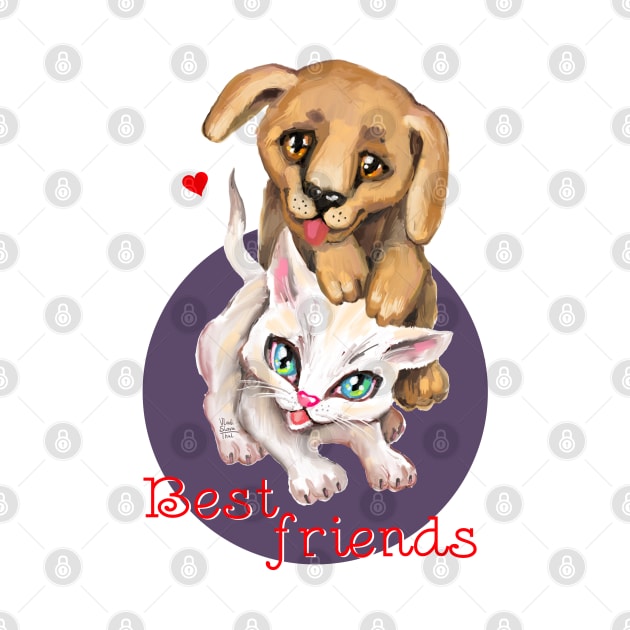 Cute small cat and dog. Sweet little baby pets. Kitten and puppy friends. by Rukki Zukki Art