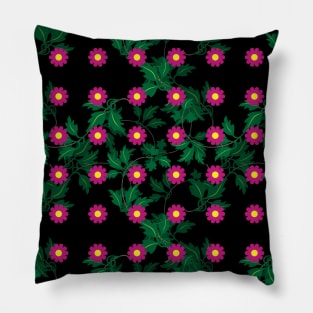 Cerise daisies with Yellow centres over layers of vine leaves on a Black background Pillow