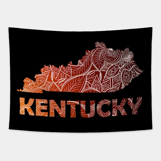 Colorful mandala art map of Kentucky with text in brown and orange Tapestry by Happy Citizen