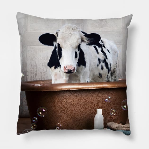 Cow in the Bathtub Pillow by DomoINK