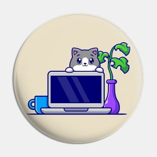 Cute Cat Behind Laptop Cartoon Pin