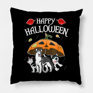 Huskys In Scary Umbrella Rain Night Happy Halloween Pillow