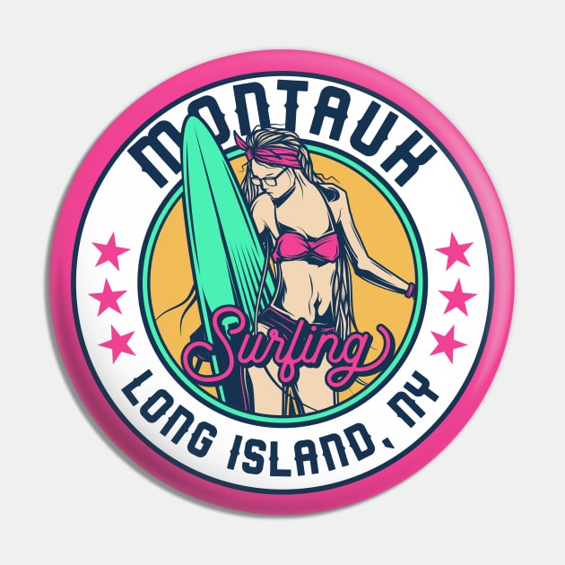 Retro Surfer Babe Badge Montauk Long Island New York Pin by Now Boarding