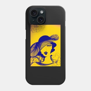 RETRO SUNSHINE YELLOW INDIGO 70S DECO LADY WITH HAT OP ART PRINT Phone Case