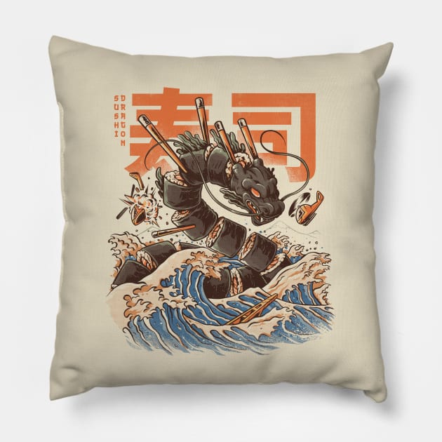 Great Sushi Dragon - Great Wave Pillow by Ilustrata