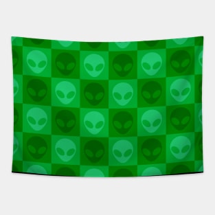 Green Alien Extraterrestrial Checkered Pattern Tapestry