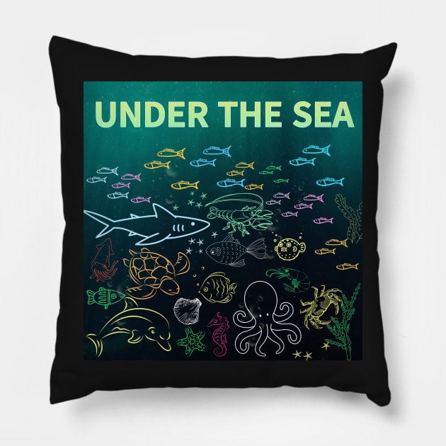 under the sea,blue sea,sea creatures,Turtle, puffer fish, starfish, shrimp, shark, tropical fish, sea horse, seaweed, sardines, squid, crabs, clams Pillow by zzzozzo