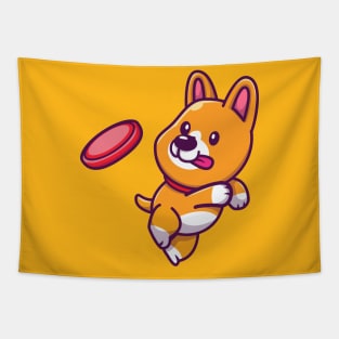 Cute Corgi Playing Frisbee Tapestry