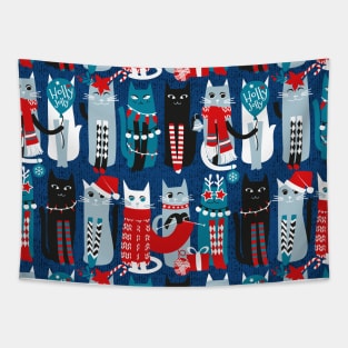 Feline Christmas vibes // pattern // blue background blue white and black kittens Tapestry