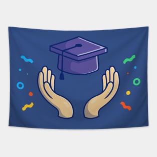 Graduation Hat, Hands And Confetti Cartoon Tapestry