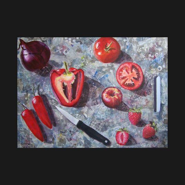 Chopping board with red fruit and vegetables by thryngreen