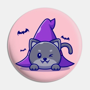 Cute Witch Cat Laying Under Witch Hat Cartoon Pin