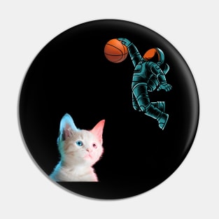 Cute Kitten Astronaut Playing Basketball For Cat Lover Tee T-Shirt Pin