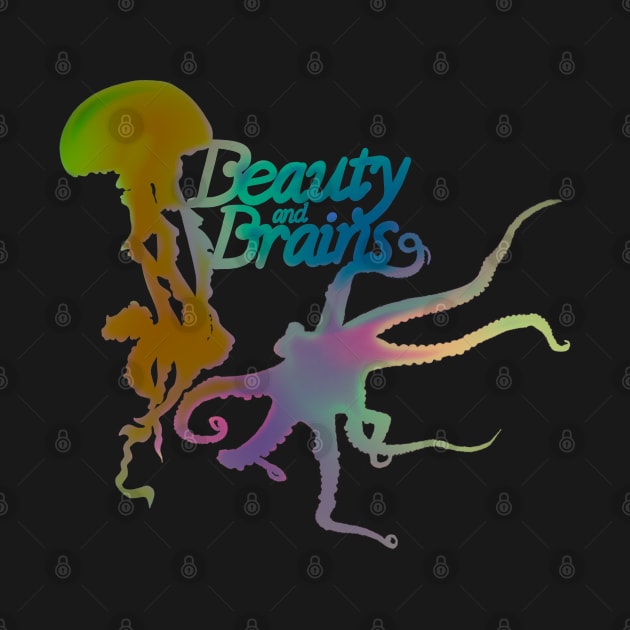 Beauty and Brains, Octopus and Jellyfish Duo 2, Hazy Pastel Rainbow, Bold Graphic Design by cherdoodles